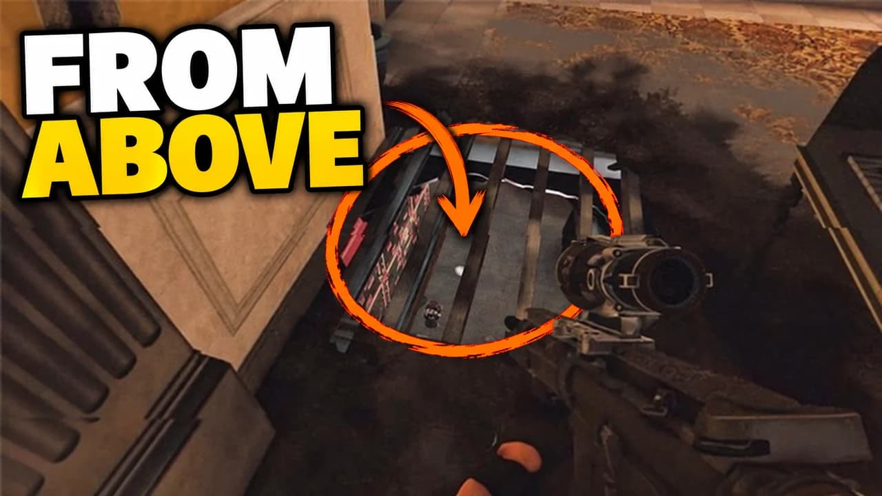 R6 thumbnail: first-person view with a rifle looking down through a hole in the floor, an orange circle and arrow on the room below, text FROM ABOVE