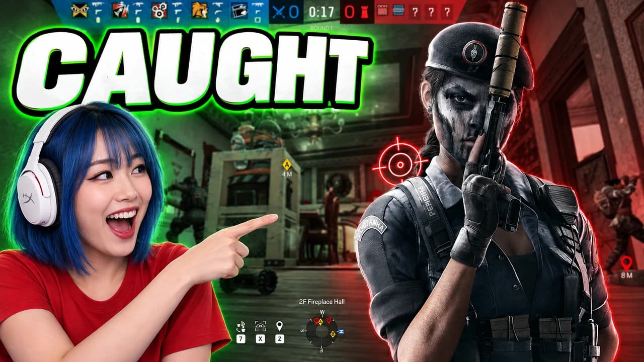 R6 thumbnail: an invented blue-haired streamer in a white headset pointing at Caveira holding her pistol in a mansion hall, Siege HUD, text CAUGHT