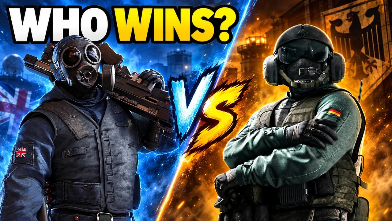 R6 thumbnail: Thatcher with his rifle on his shoulder in blue light facing Jäger with arms crossed in amber light, a VS mark, text WHO WINS?
