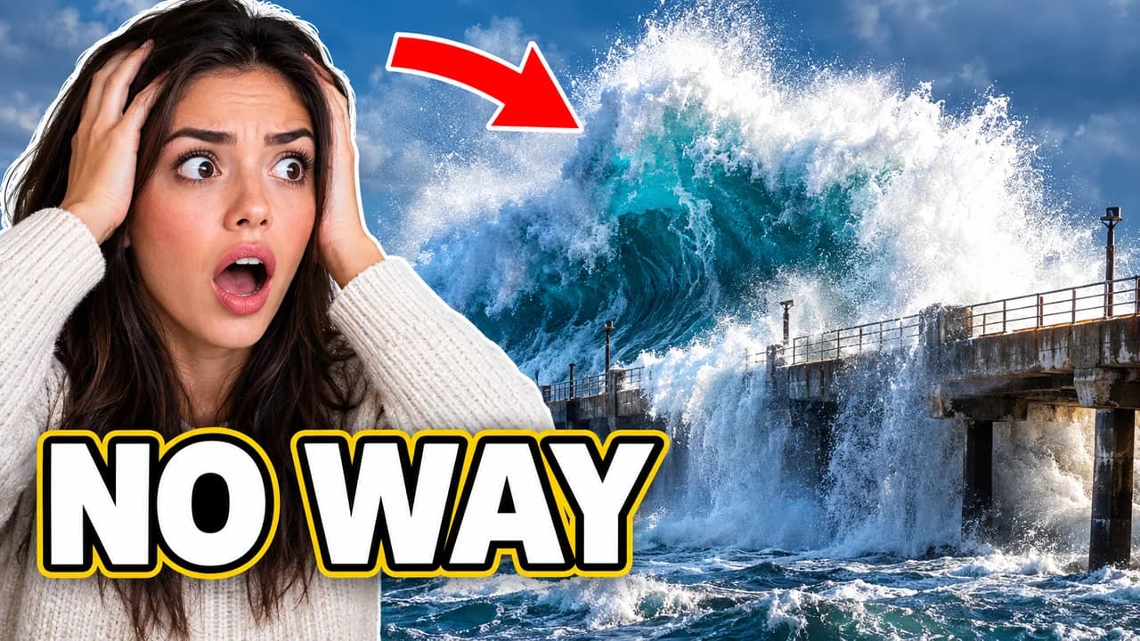 Reaction thumbnail: a cut-out woman with hands on her head in front of a giant wave hitting a pier, red arrow, text NO WAY