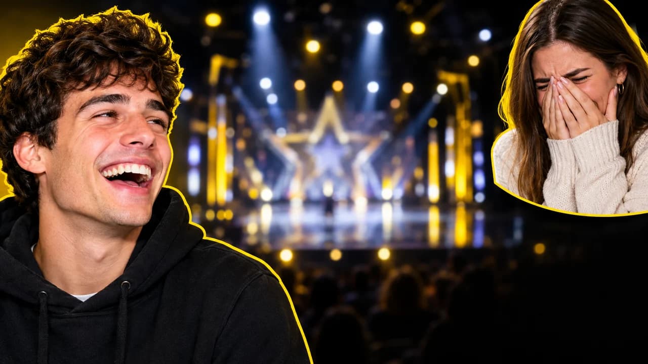 Reaction thumbnail: two cut-out friends, one laughing and one cringing, around a blurred talent-show stage