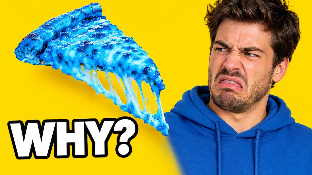 Reaction thumbnail: a man with a disgusted face beside a floating bright blue pizza slice, text WHY?