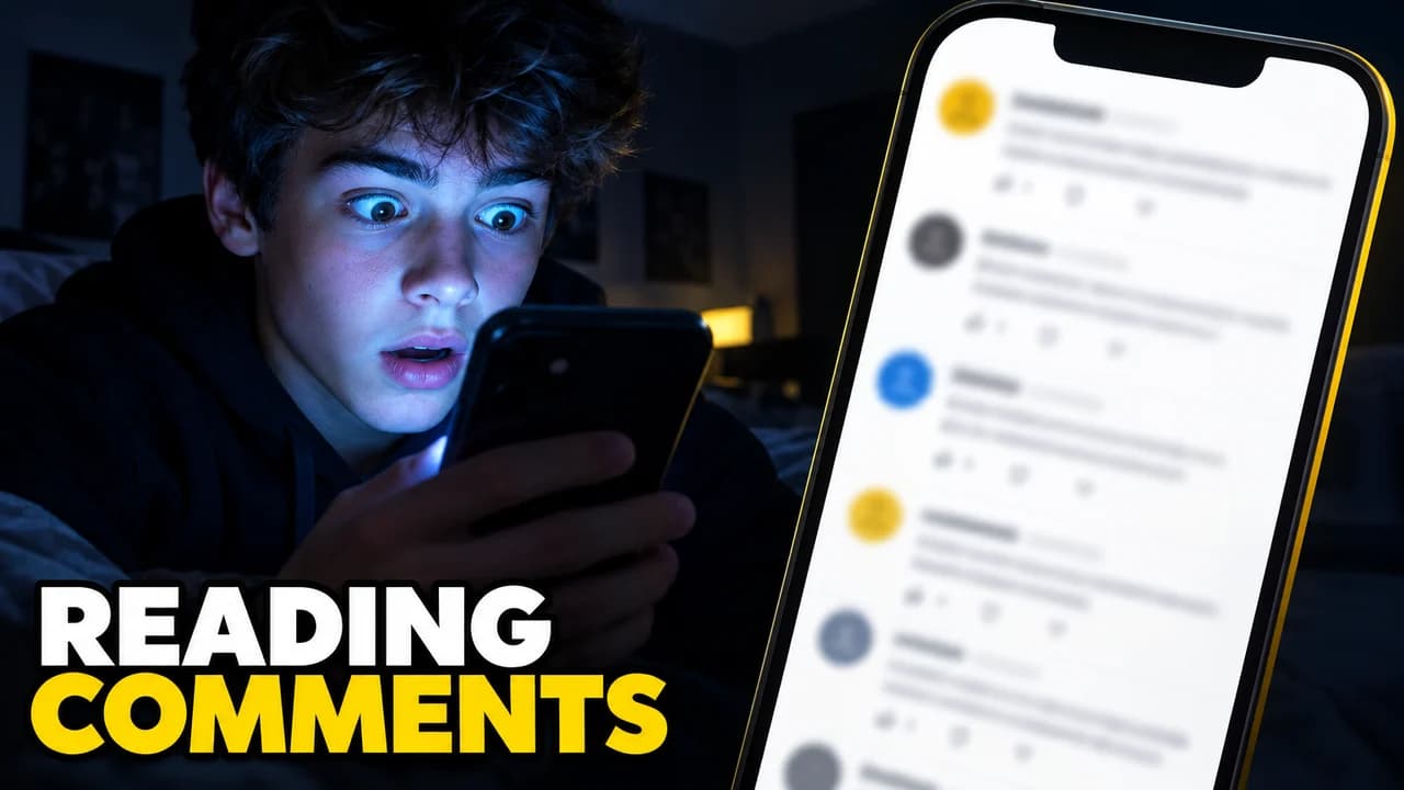 Reaction thumbnail: a teenager lit blue by a phone in the dark, a giant phone showing a blurred comment thread, text READING COMMENTS