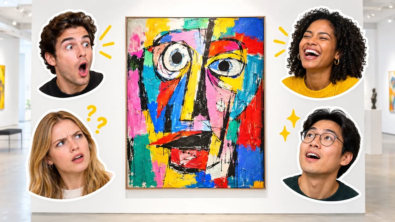 Reaction thumbnail: a strange abstract painting in the centre surrounded by four cut-out faces showing shock, laughter, confusion and awe