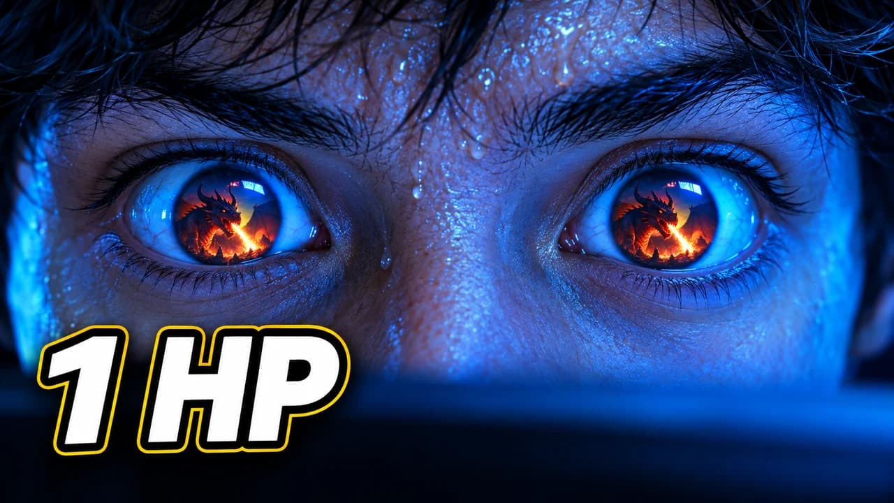 Reaction thumbnail: extreme close-up of a gamer's eyes reflecting a dragon on a monitor, text 1 HP