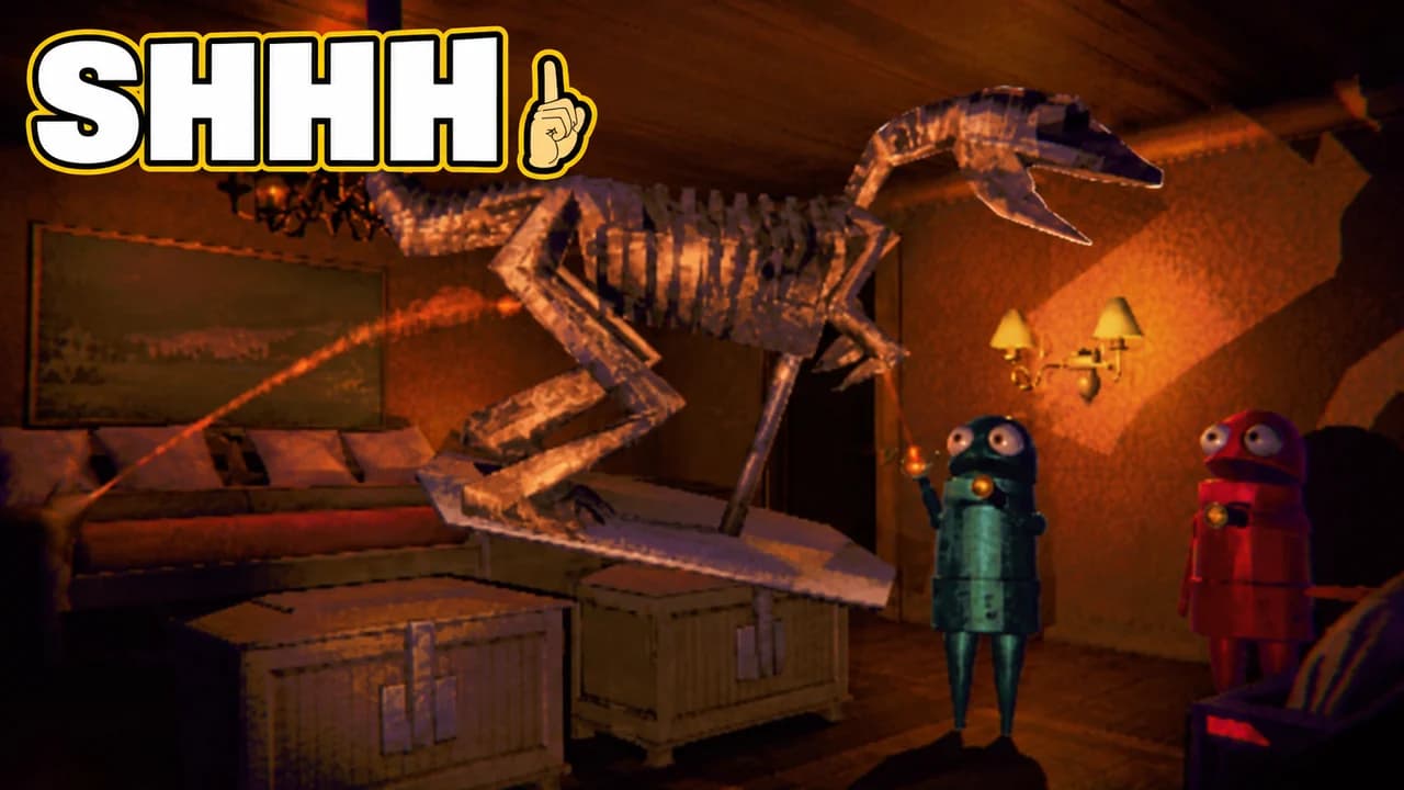 R.E.P.O. thumbnail: two semibots carrying a huge dinosaur skeleton in their grab beams through a dim lodge living room, text SHHH and a finger emoji