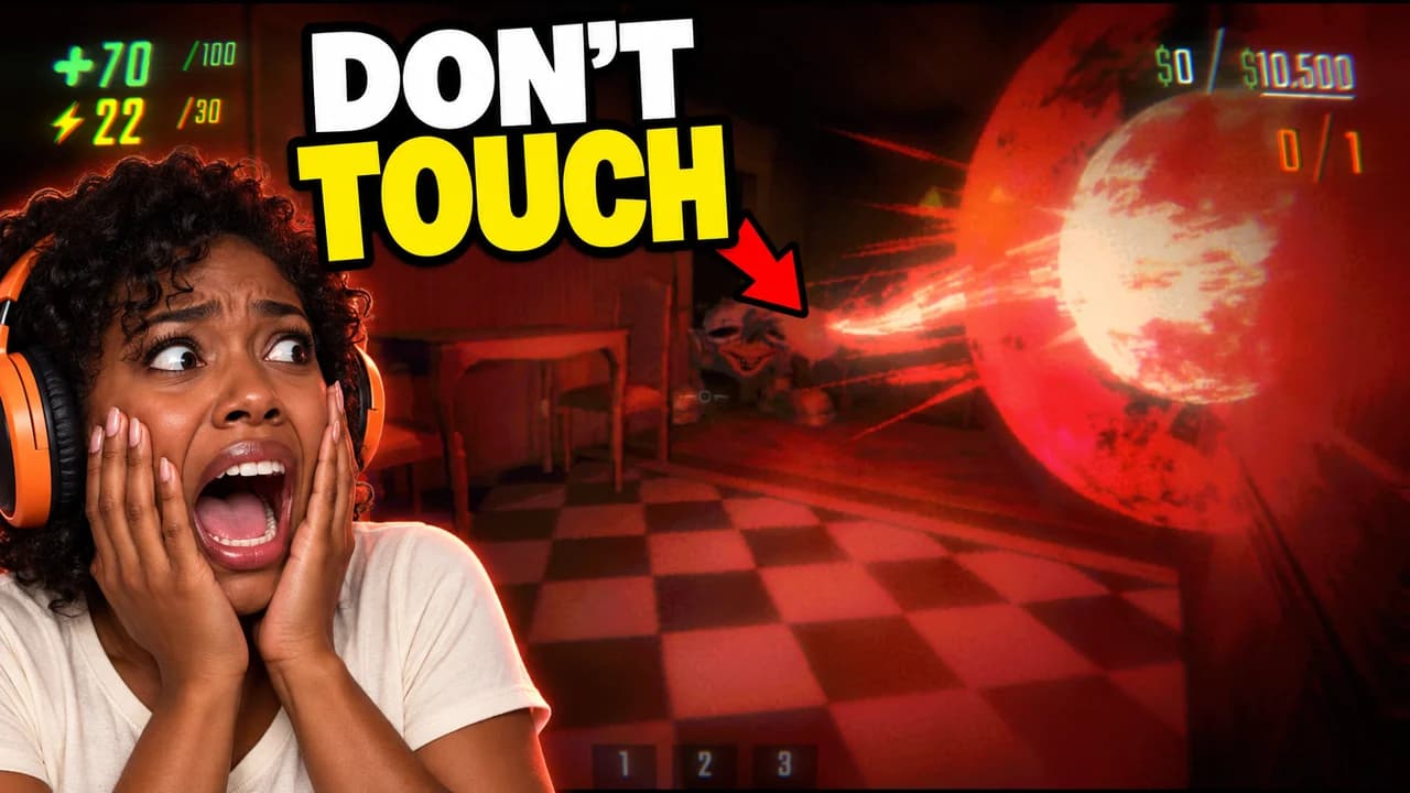 R.E.P.O. thumbnail: an invented streamer in an orange headset screaming, a red beam blasting from a giant red orb in a checkered room, DON'T TOUCH