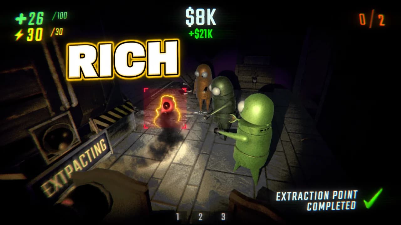R.E.P.O. thumbnail: three semibots at the extraction point in a dark corridor, $8K and +$21K on screen, EXTRACTION POINT COMPLETED, text RICH