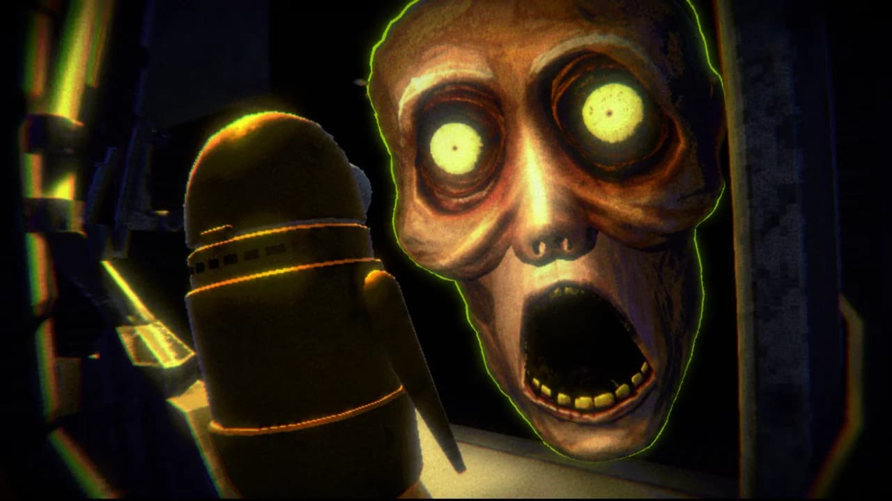 R.E.P.O. thumbnail: the Headman's huge face with glowing yellow eyes and open mouth right next to a semibot, no text