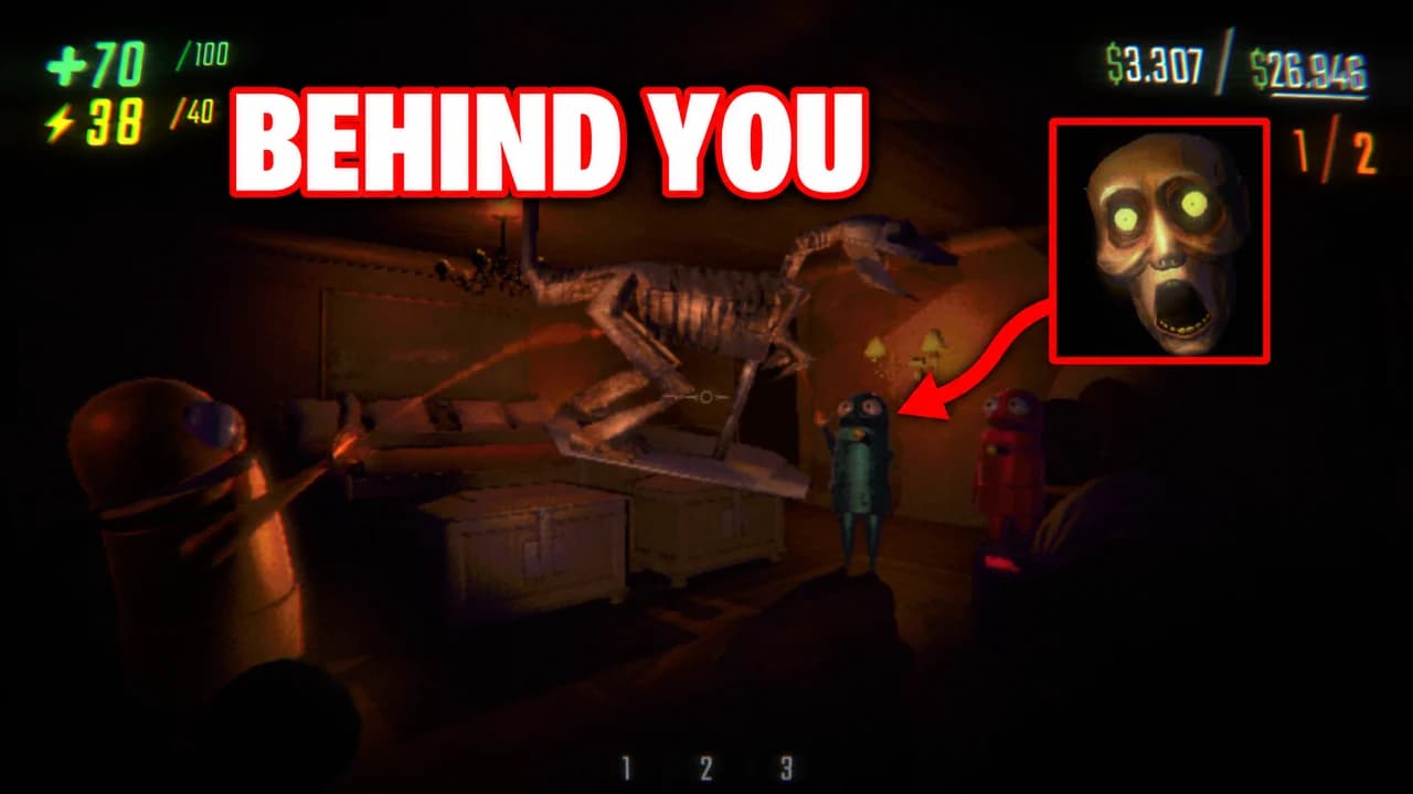 R.E.P.O. thumbnail: semibots carrying a dinosaur skeleton through a dark lodge, a Headman inset with a red arrow to a semibot, text BEHIND YOU