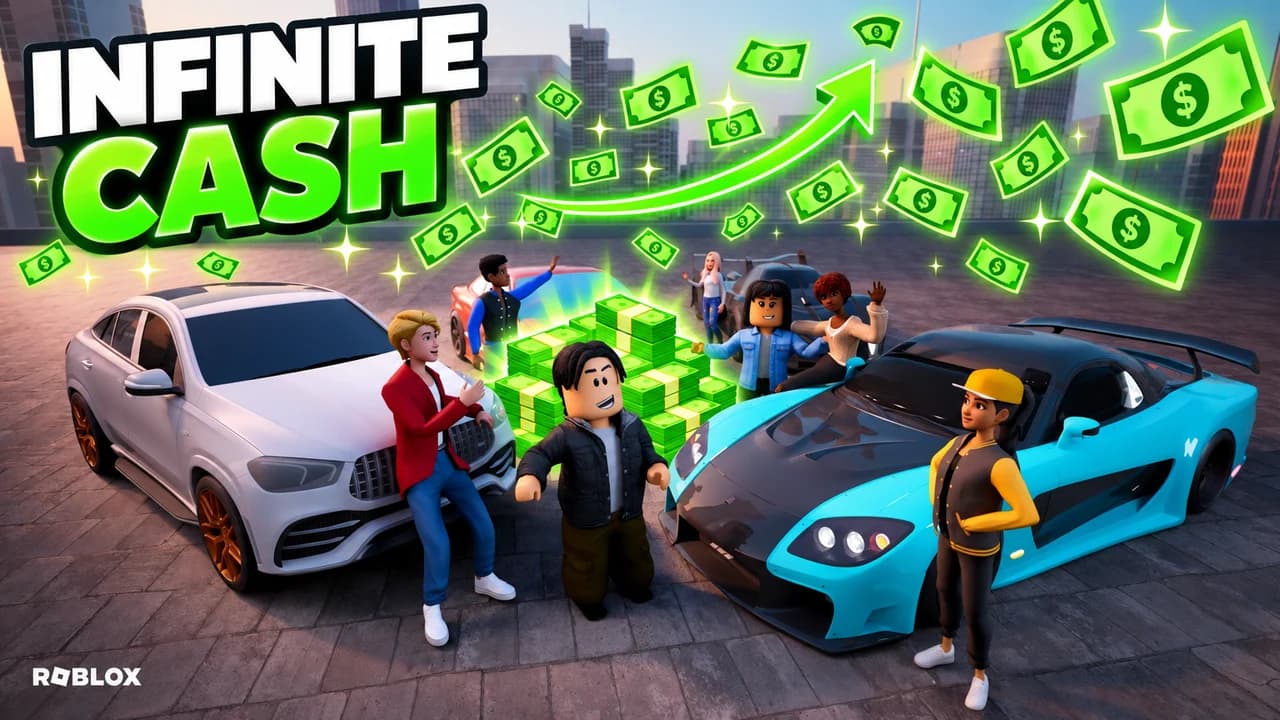 Roblox thumbnail: an avatar in a chef hat swimming in cash inside a pizza factory tycoon flooded with pizzas, text INFINITE CASH