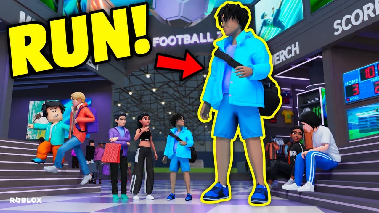 Roblox thumbnail: a classic noob avatar as tall as a skyscraper stomping through a blocky city, tiny avatars fleeing, text RUN!