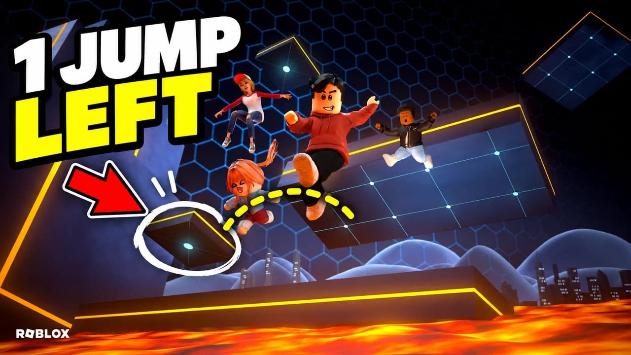 Roblox thumbnail: an avatar hanging off the last ledge of an obby tower in the sky, neon kill bricks below, text 1 JUMP LEFT