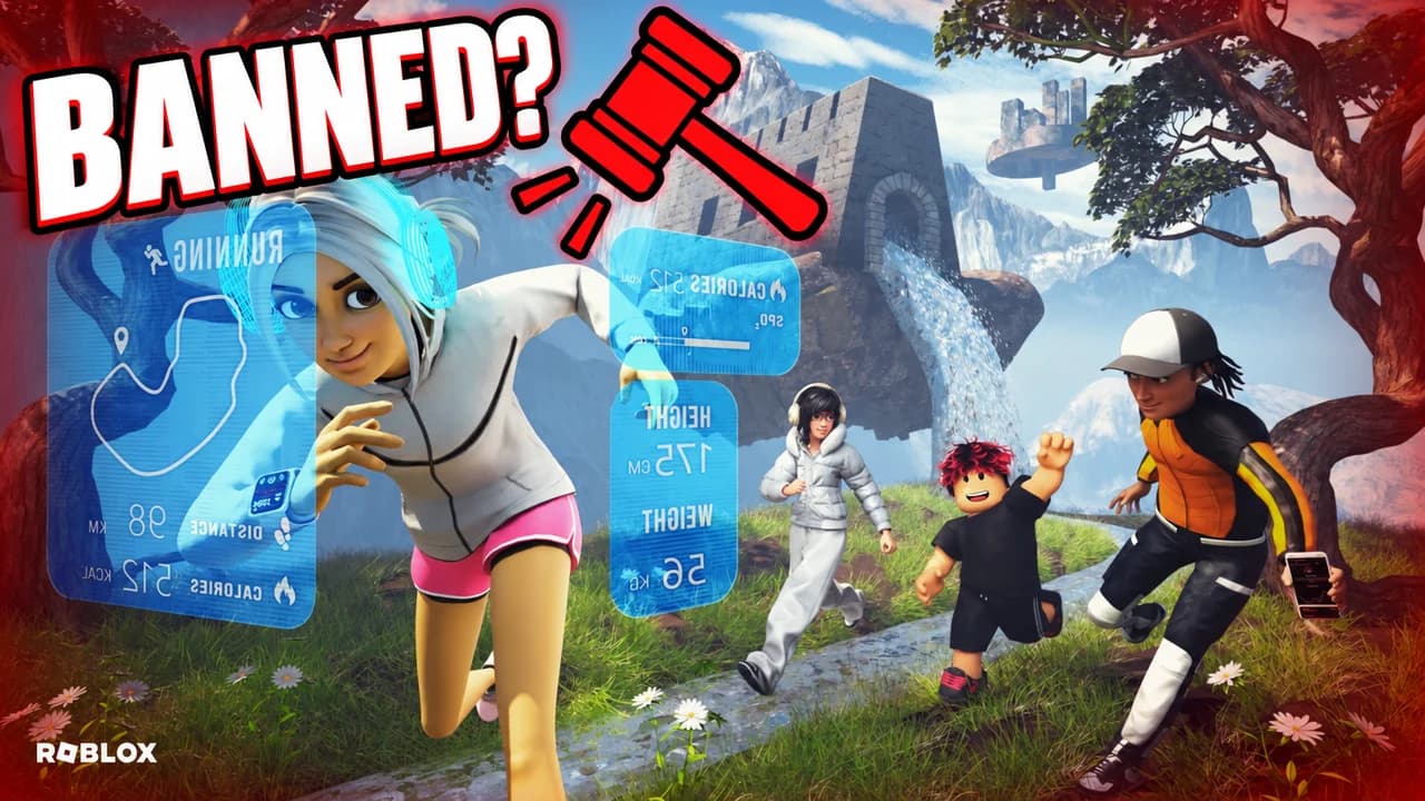 Roblox thumbnail: a huge glowing ban hammer above a tiny avatar, the grey kick message box blurred behind, text BANNED?