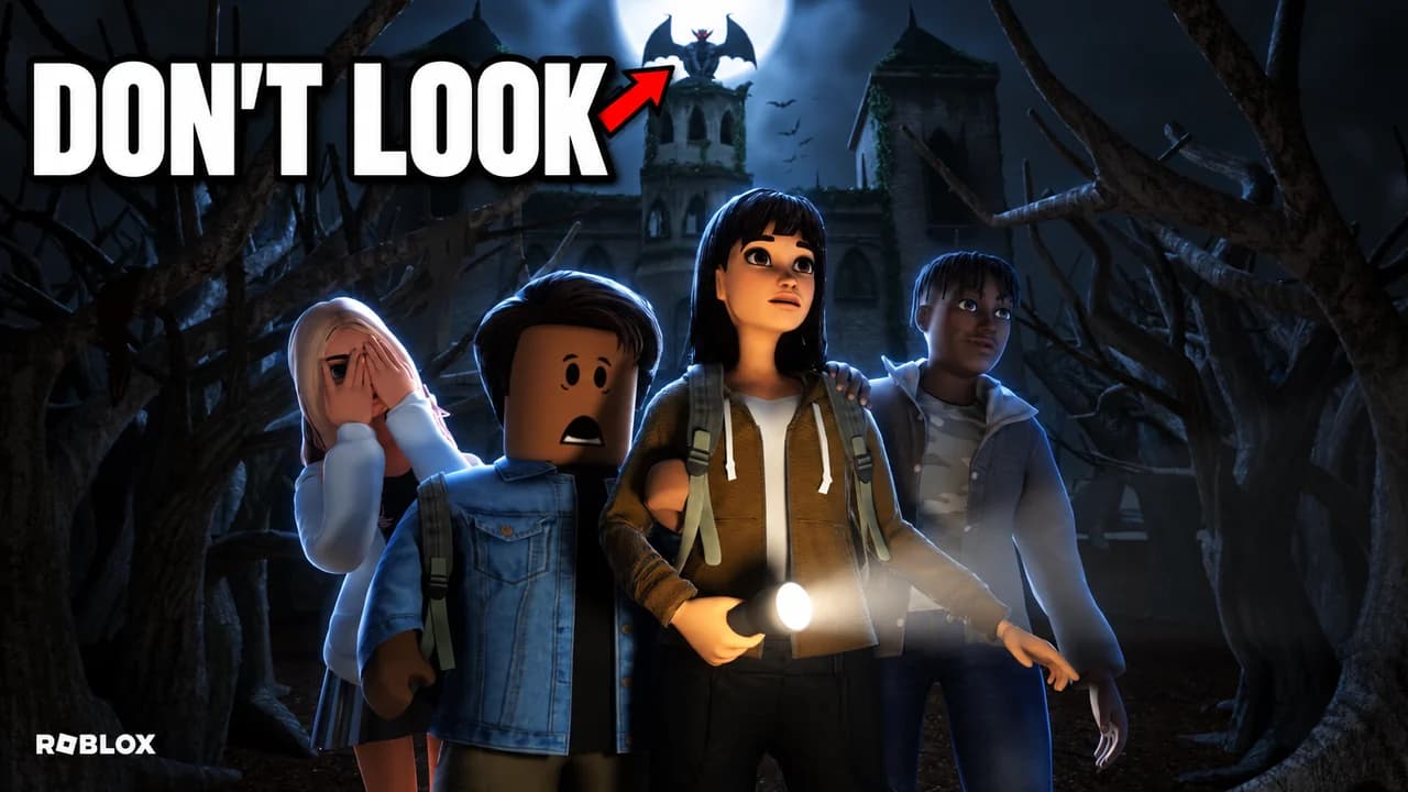 Roblox thumbnail: a huge monster with a stretched classic Roblox smile leaning out of a classroom door, text DON'T LOOK
