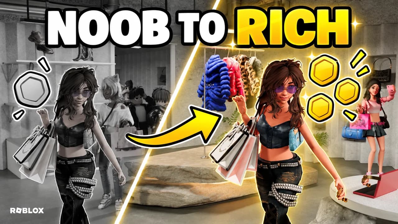 Roblox thumbnail: split frame, the classic noob with 0 Robux against the same avatar in a Dominus and Korblox leg, text NOOB TO RICH