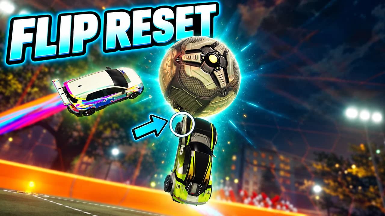Rocket League thumbnail: a yellow car upside down in the night sky touching the ball with its wheels, a blue arrow, a rainbow car, text FLIP RESET