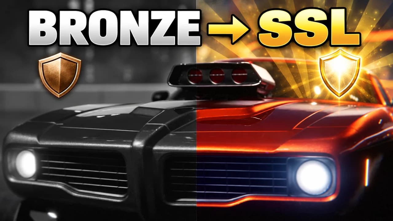Rocket League thumbnail: a red muscle car split in two, grey on the left and glowing on the right, bronze and gold shields, text BRONZE → SSL
