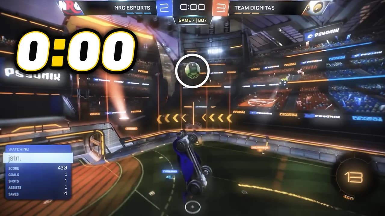 Rocket League thumbnail: a pro match frame, NRG 2 Dignitas 3 in Game 7 at 0:00, a blue car flipping under the ball circled in white, text 0:00