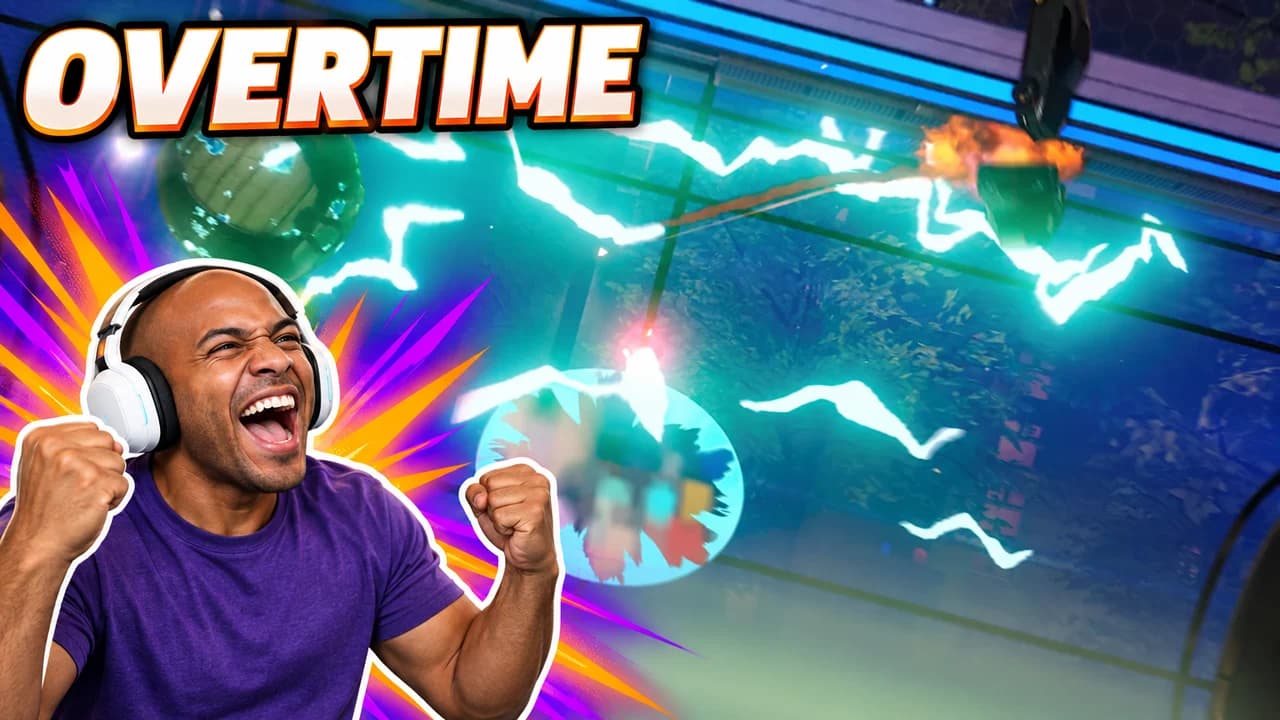 Rocket League thumbnail: an invented bald streamer in a white headset screaming with fists clenched, an electric blue goal explosion, text OVERTIME