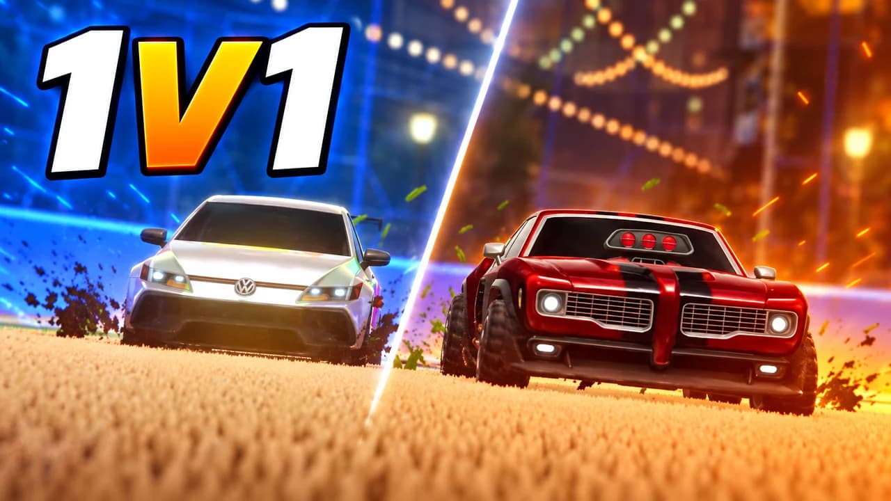 Rocket League thumbnail: a white hatchback in blue light and a red muscle car in orange light racing toward each other across the grass, text 1V1