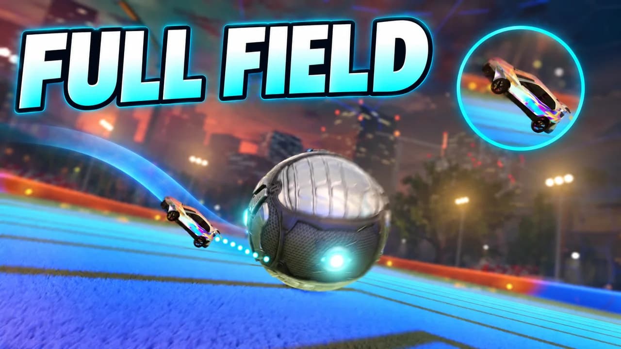 Rocket League thumbnail: a shiny car behind the ball in a neon city arena, a dotted line to the ball, the car zoomed in a circle, text FULL FIELD