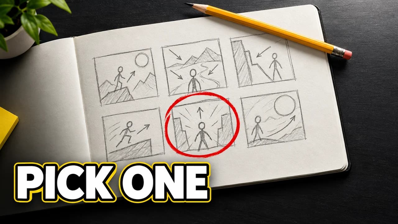 Thumbnail sketch-style example: a sketchbook page with six rough pencil stick-figure layouts, one circled in red, a yellow pencil, text PICK ONE