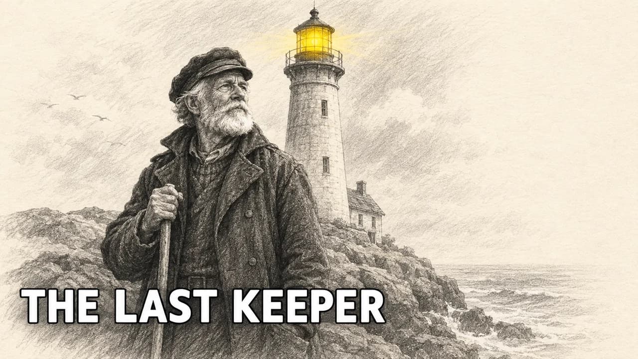 Thumbnail sketch-style example: a pencil drawing of an old lighthouse keeper on cream paper, the lamp in yellow, text THE LAST KEEPER