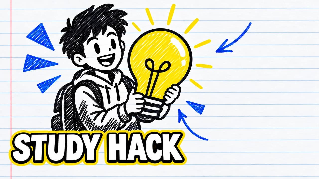 Thumbnail sketch-style example: a marker doodle of a smiling student holding a giant yellow light bulb on lined notebook paper, text STUDY HACK