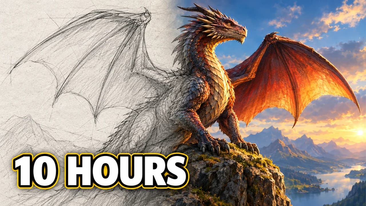 Thumbnail sketch-style example: a dragon on a cliff, a pencil sketch on the left turning into a full painting at sunset on the right, text 10 HOURS