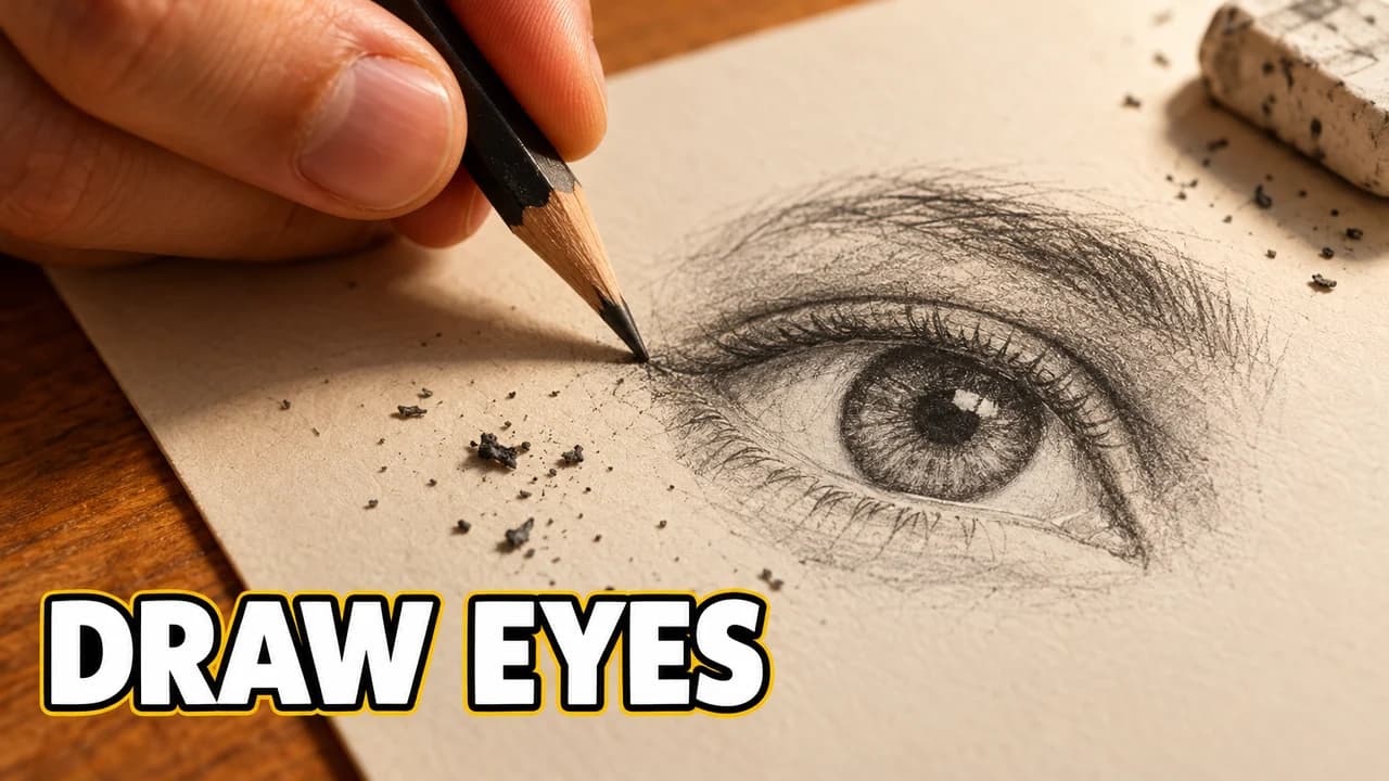 Thumbnail sketch-style example: close-up of a hand drawing an eye in graphite, pencil tip touching the paper, an eraser nearby, text DRAW EYES