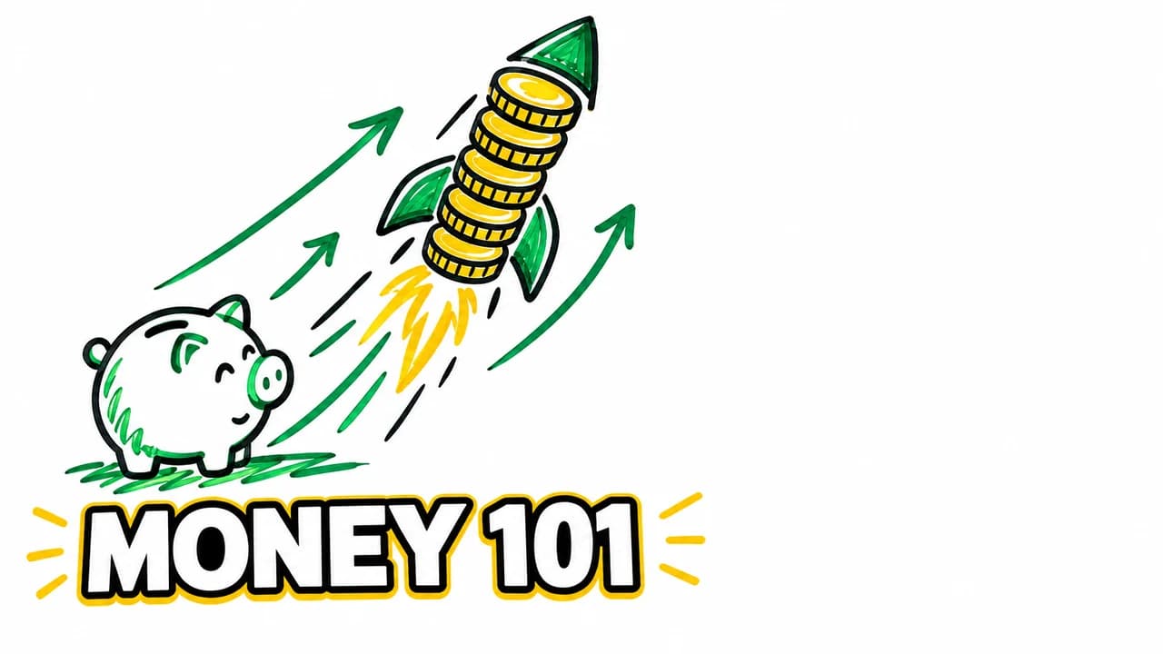 Thumbnail sketch-style example: a whiteboard-style marker drawing of a coin-stack rocket taking off past a piggy bank, text MONEY 101