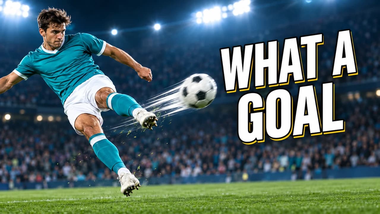 Soccer thumbnail: an invented striker in a teal and white kit hitting a volley under floodlights, ball streaking, text WHAT A GOAL