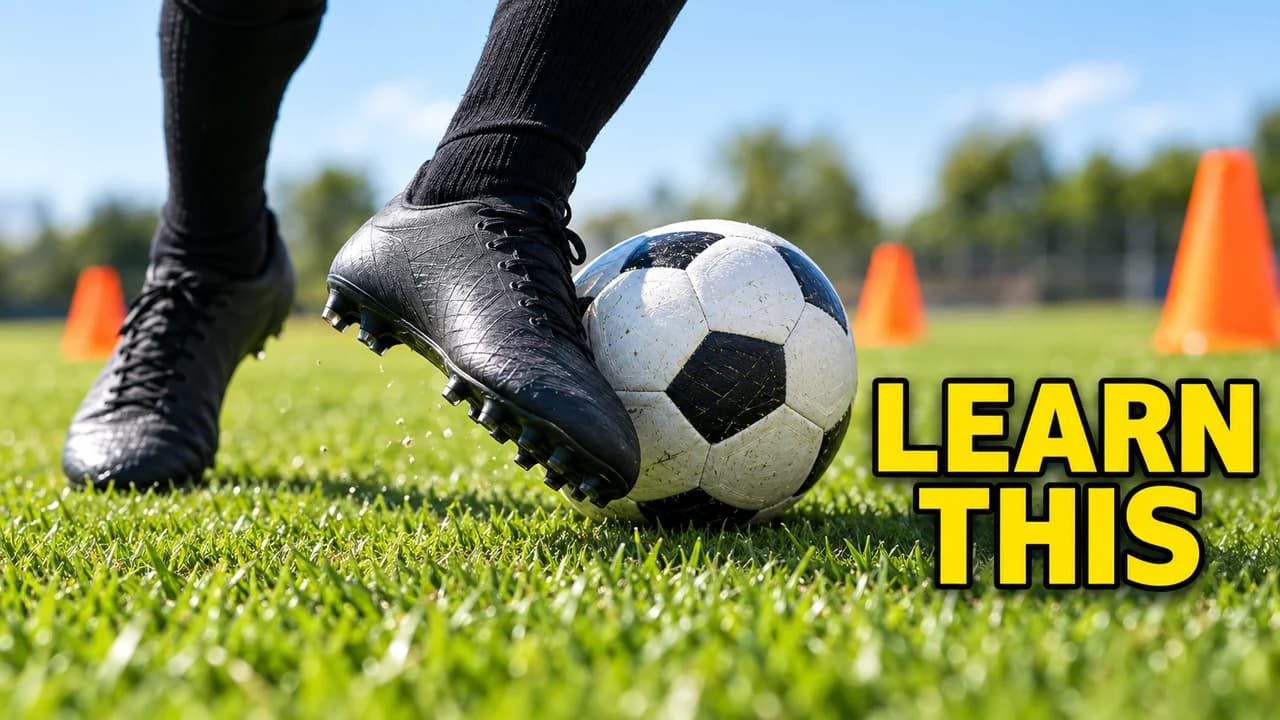 Soccer skills thumbnail: ground-level close-up of black boots rolling the ball on bright grass, orange cones behind, yellow text LEARN THIS