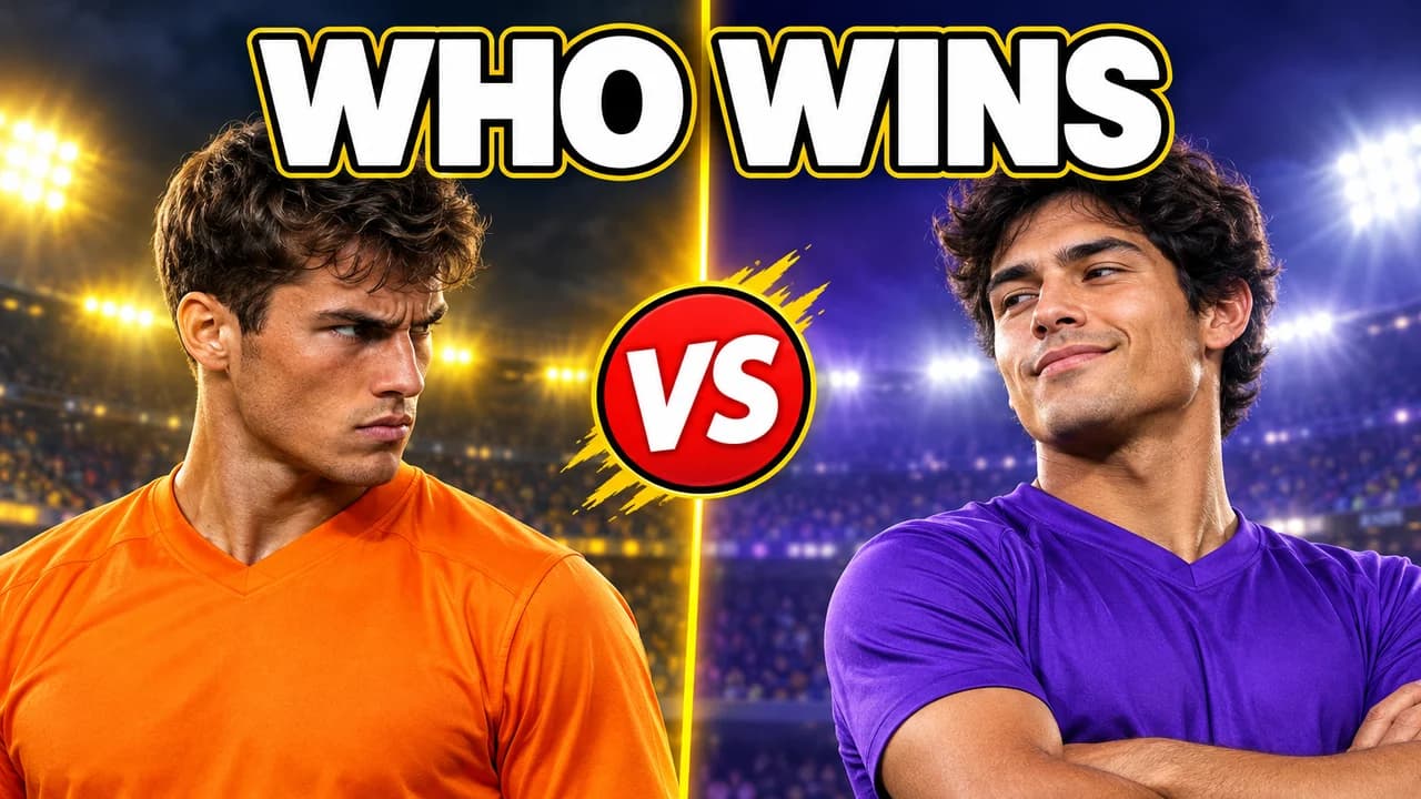 Soccer match preview thumbnail: an orange-kit player glaring and a purple-kit player smirking across a split, red VS badge, text WHO WINS