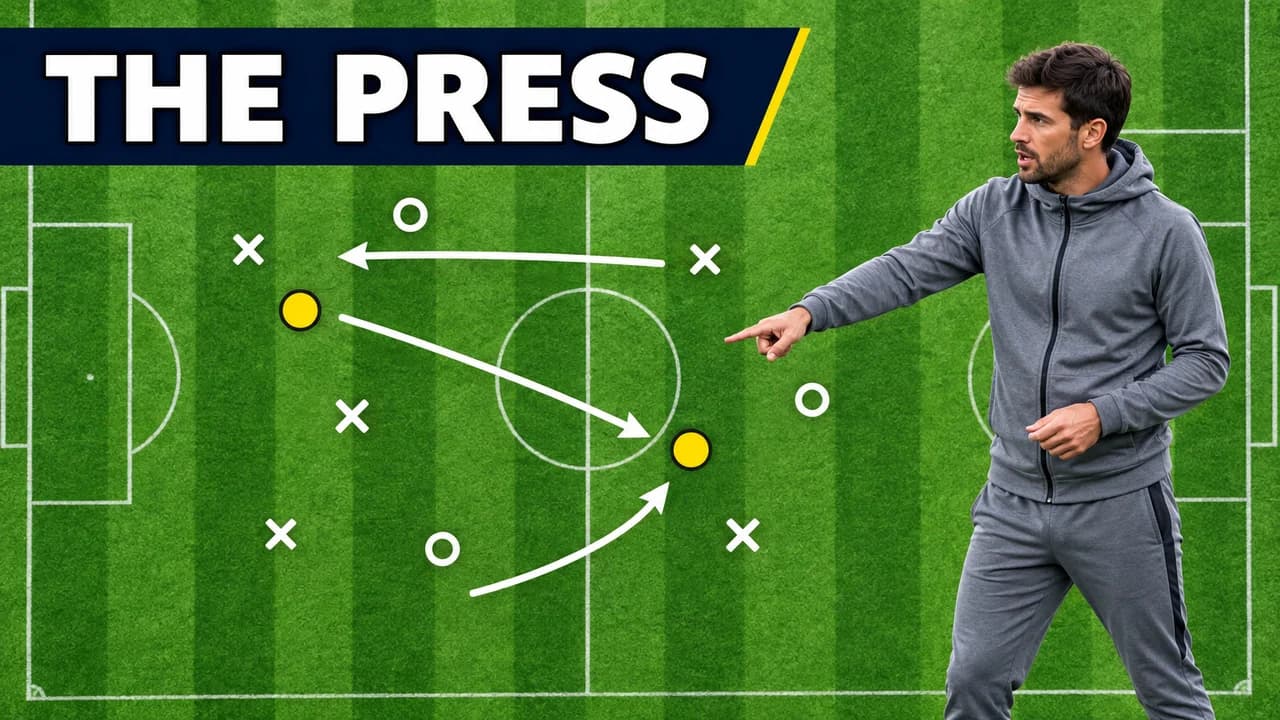 Soccer tactics thumbnail: a top-down pitch with white arrows, crosses and yellow dots, a coach in a grey tracksuit pointing, text THE PRESS