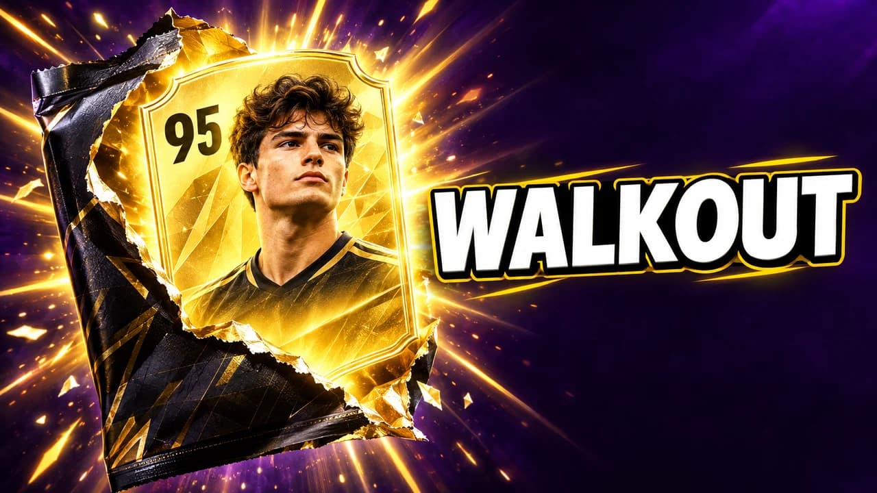 Soccer video game thumbnail: a glowing gold player card rated 95 bursting from a pack in purple light rays, text WALKOUT
