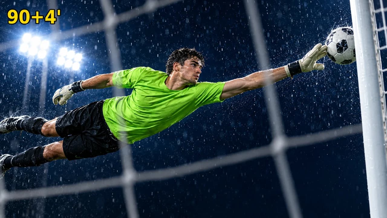 Soccer highlight thumbnail: a keeper in lime green at full stretch tipping the ball past the post in the rain, seen through the net, small text 90+4'