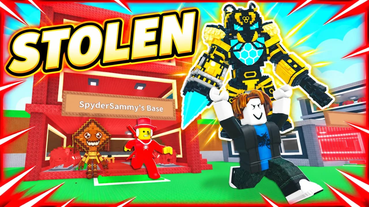 Steal a Brainrot thumbnail: a Roblox avatar running away from SpyderSammy's red base with the Bumbatron held over its head, text STOLEN