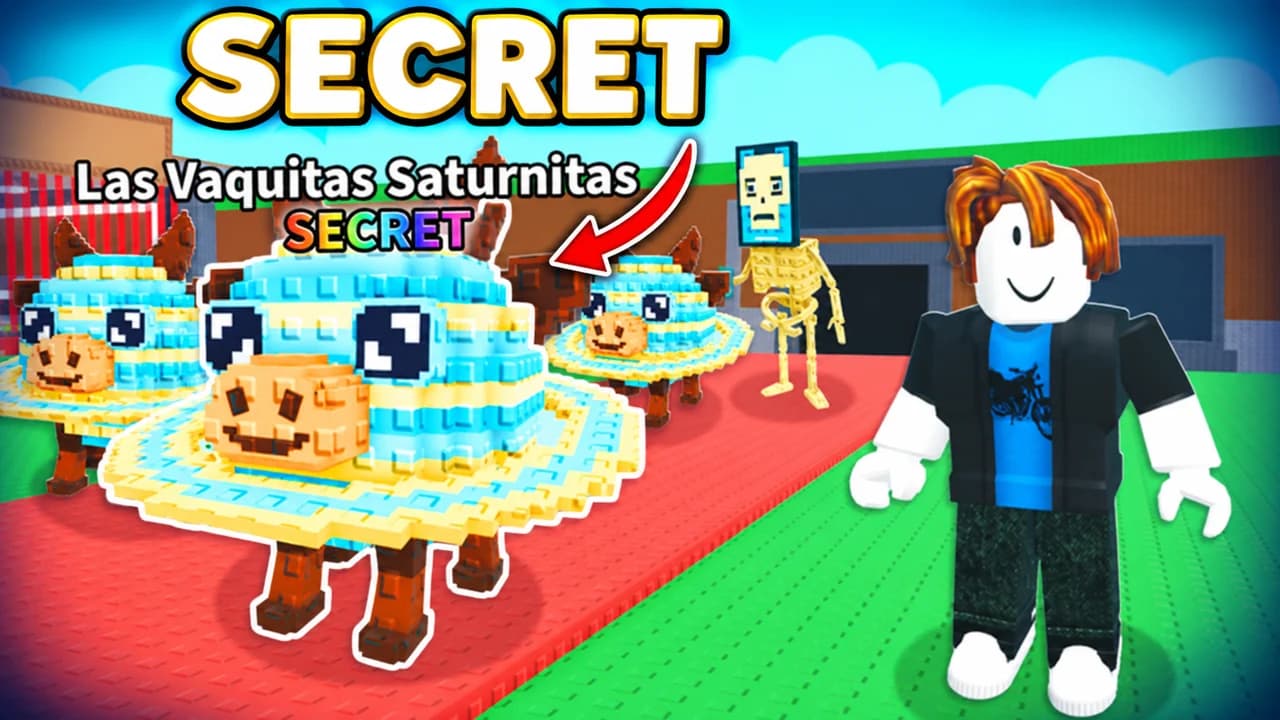 Steal a Brainrot thumbnail: a row of Las Vaquitas Saturnitas cows tagged SECRET on the red carpet, a Roblox avatar beside them, text SECRET