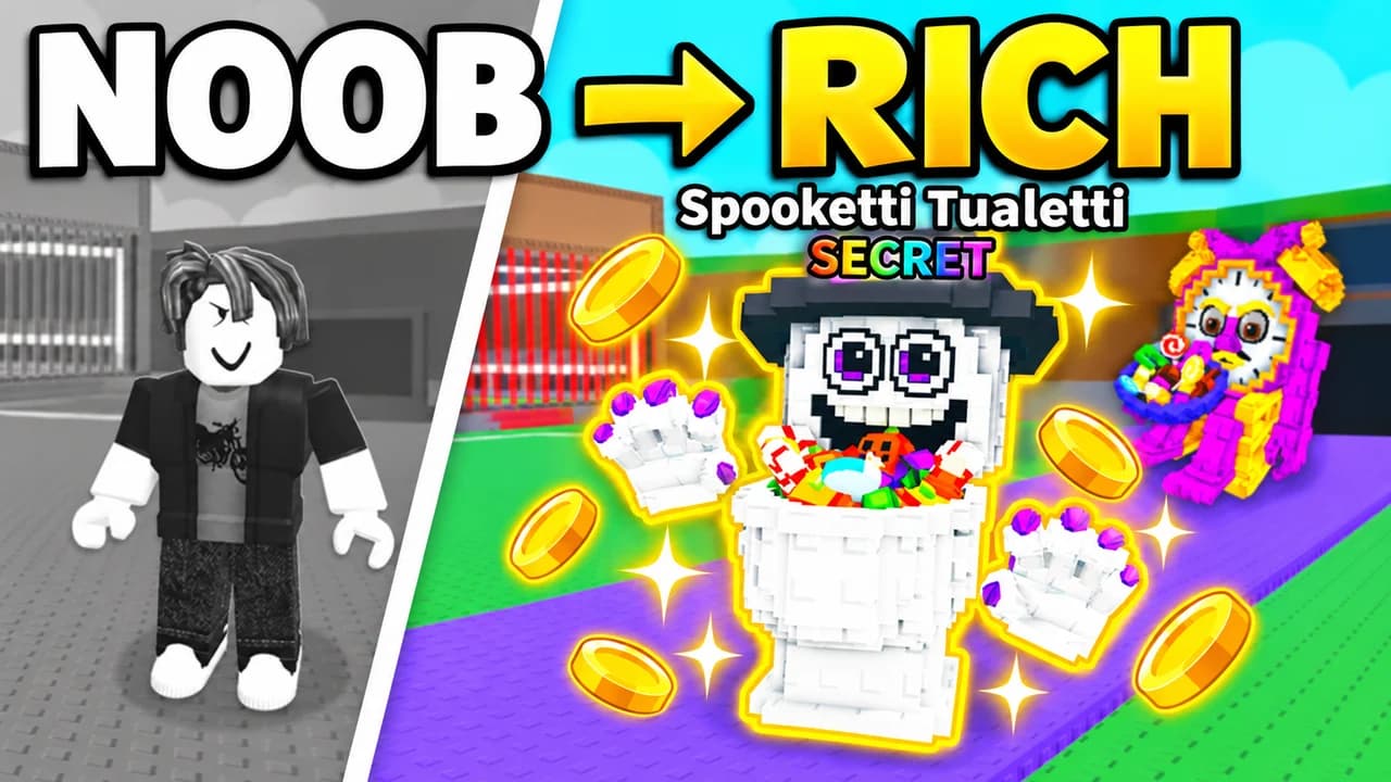Steal a Brainrot thumbnail: a grey Roblox avatar on the left, the Secret Spooketti Tualetti with gold coins on the right, text NOOB → RICH