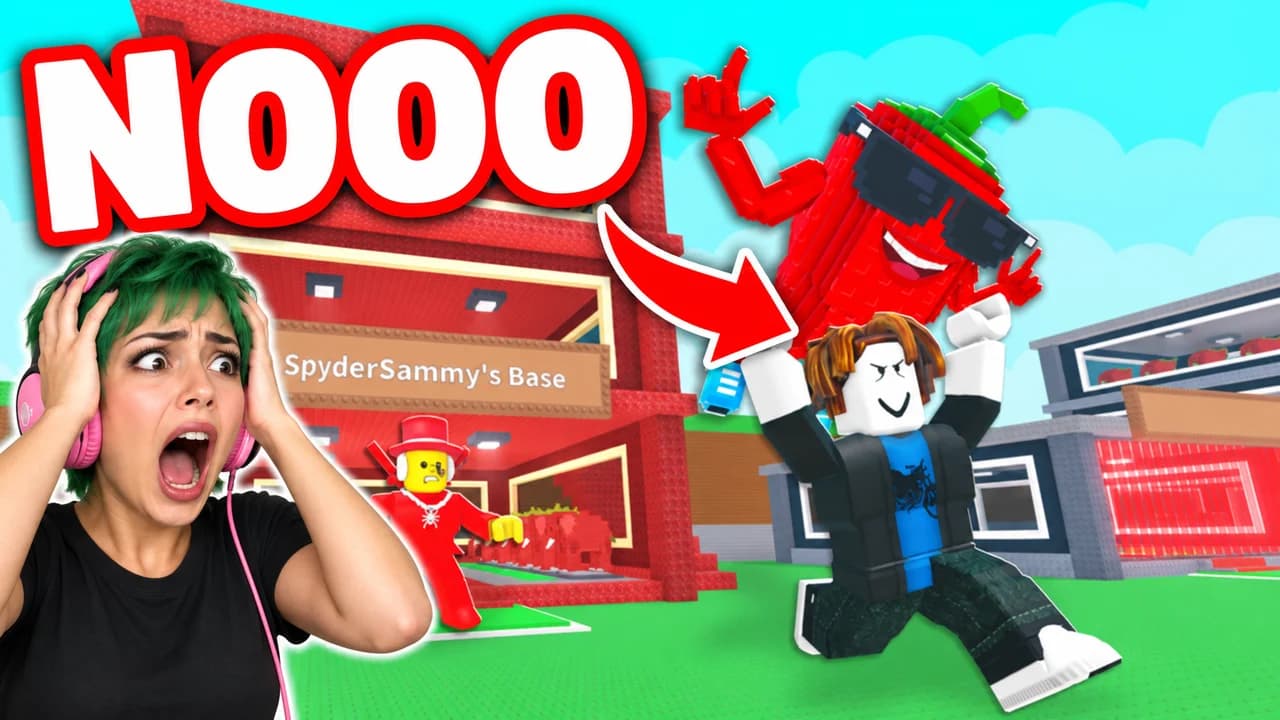 Steal a Brainrot thumbnail: an invented green-haired streamer screaming as an avatar runs off with Chillin Chilli from SpyderSammy's base, text NOOO