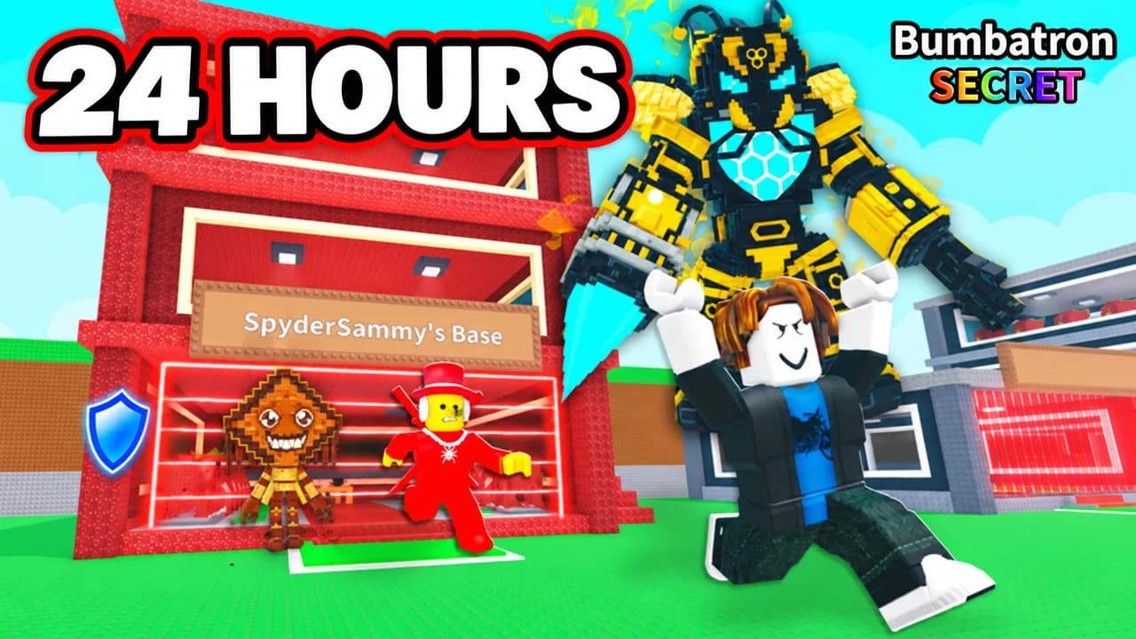Steal a Brainrot thumbnail: a red base with its laser door glowing and a blue shield, an avatar carrying the Bumbatron Secret outside, text 24 HOURS