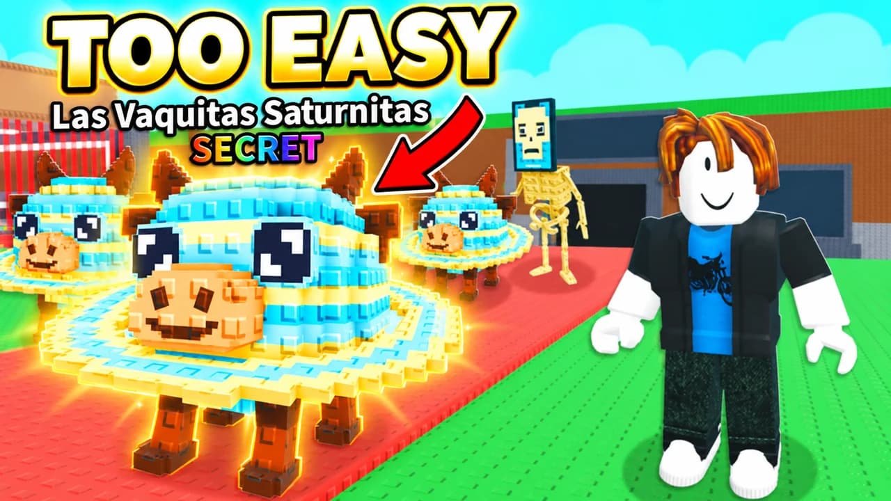 Steal a Brainrot thumbnail: a glowing Las Vaquitas Saturnitas cow tagged SECRET, a red arrow on it, a Roblox avatar beside it, text TOO EASY