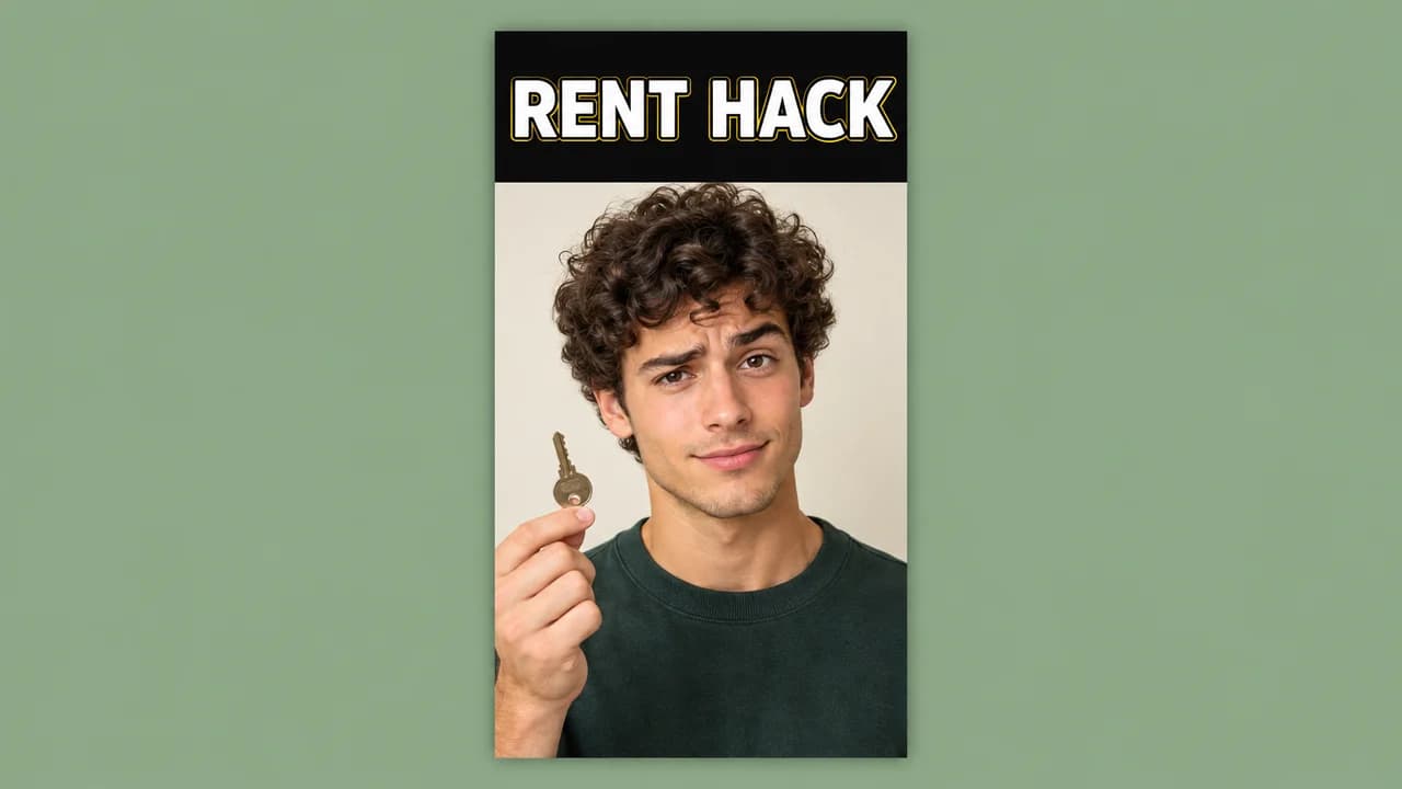 TikTok thumbnail: a vertical cover with a curly-haired young man centred, eyebrow raised, holding up a key, white title RENT HACK on a black band