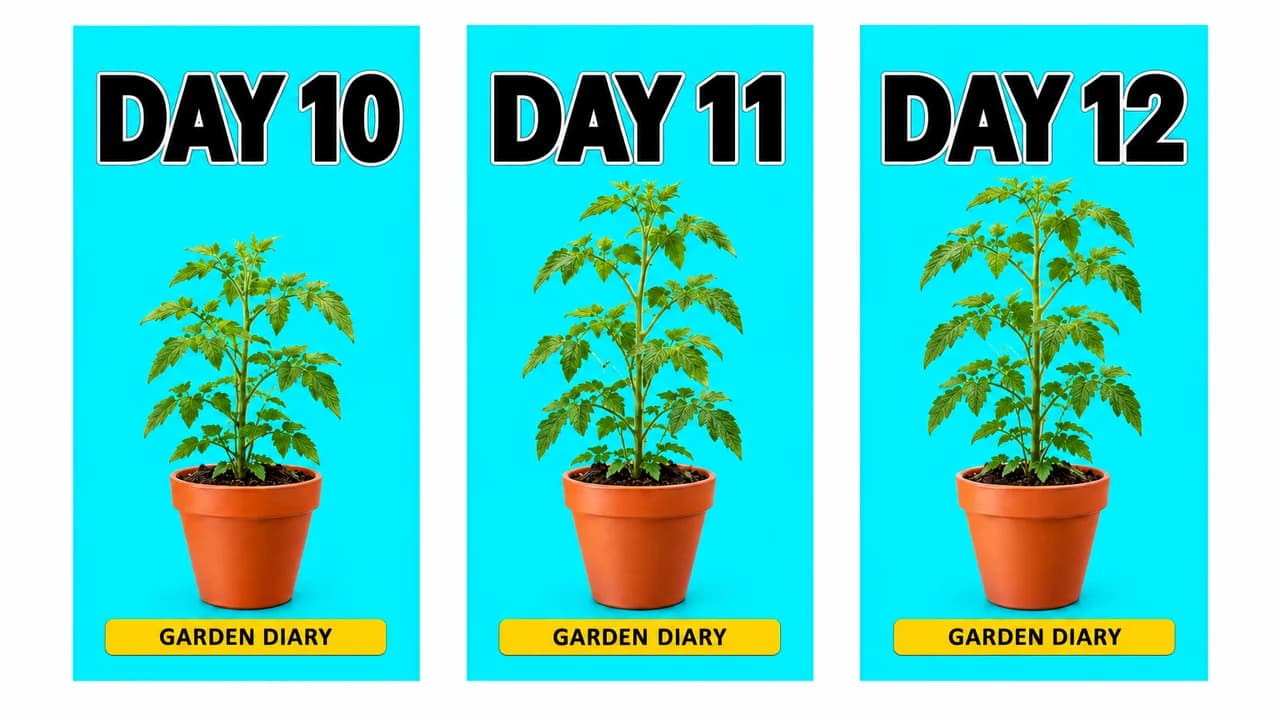 TikTok cover examples: three matching cyan covers reading DAY 10, DAY 11 and DAY 12, a potted tomato plant and GARDEN DIARY tag on each