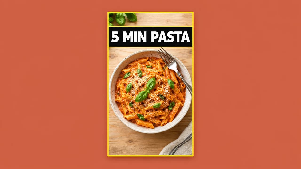 TikTok video cover: top-down bowl of creamy tomato penne with basil on a wooden table, white title 5 MIN PASTA on a black band