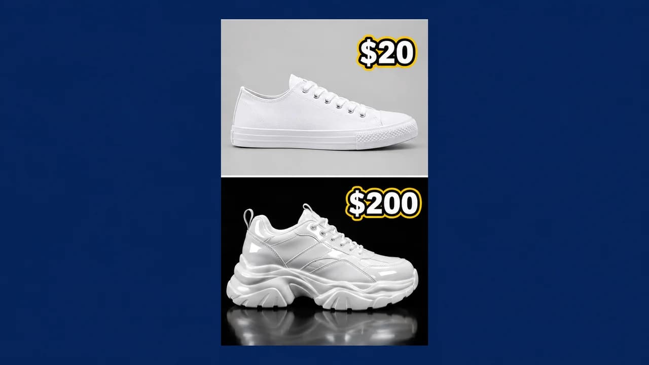 TikTok thumbnail: a vertical cover split into a plain white canvas sneaker labelled $20 on top and a glossy chunky sneaker labelled $200 below