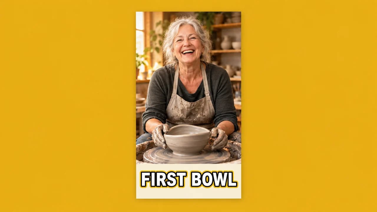 TikTok cover: an older woman centred and laughing at a pottery wheel, clay on her hands, title FIRST BOWL on a cream band below