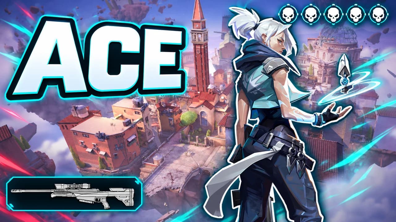 Valorant thumbnail: Jett with a floating kunai above the Ascent bell tower, five skull icons, an Operator icon in a box, text ACE